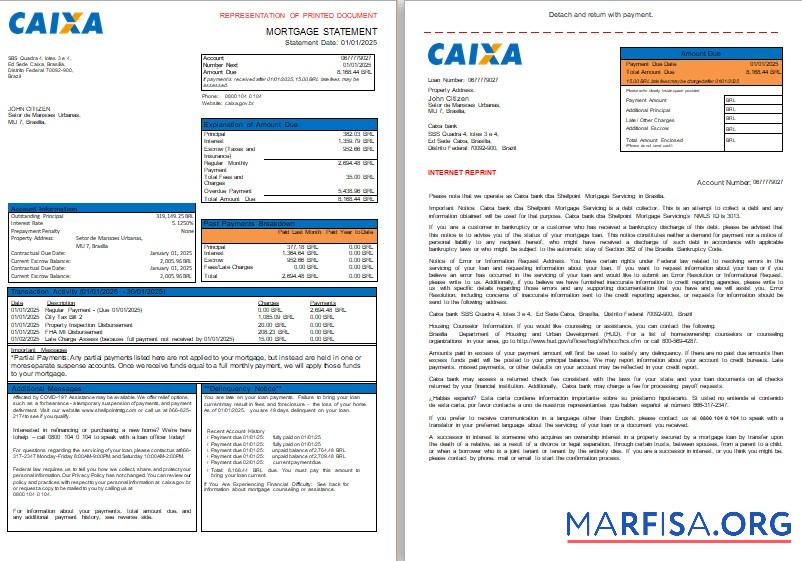 Printable Brazil Caixa bank mortgage statement, 3 pages, 1 2 scr example